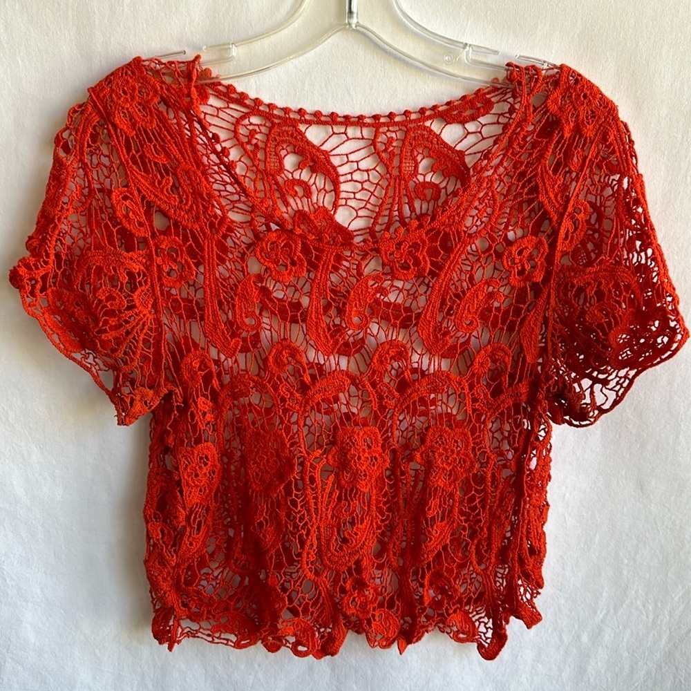 Orange crochet lace Boho cropped top, size S
